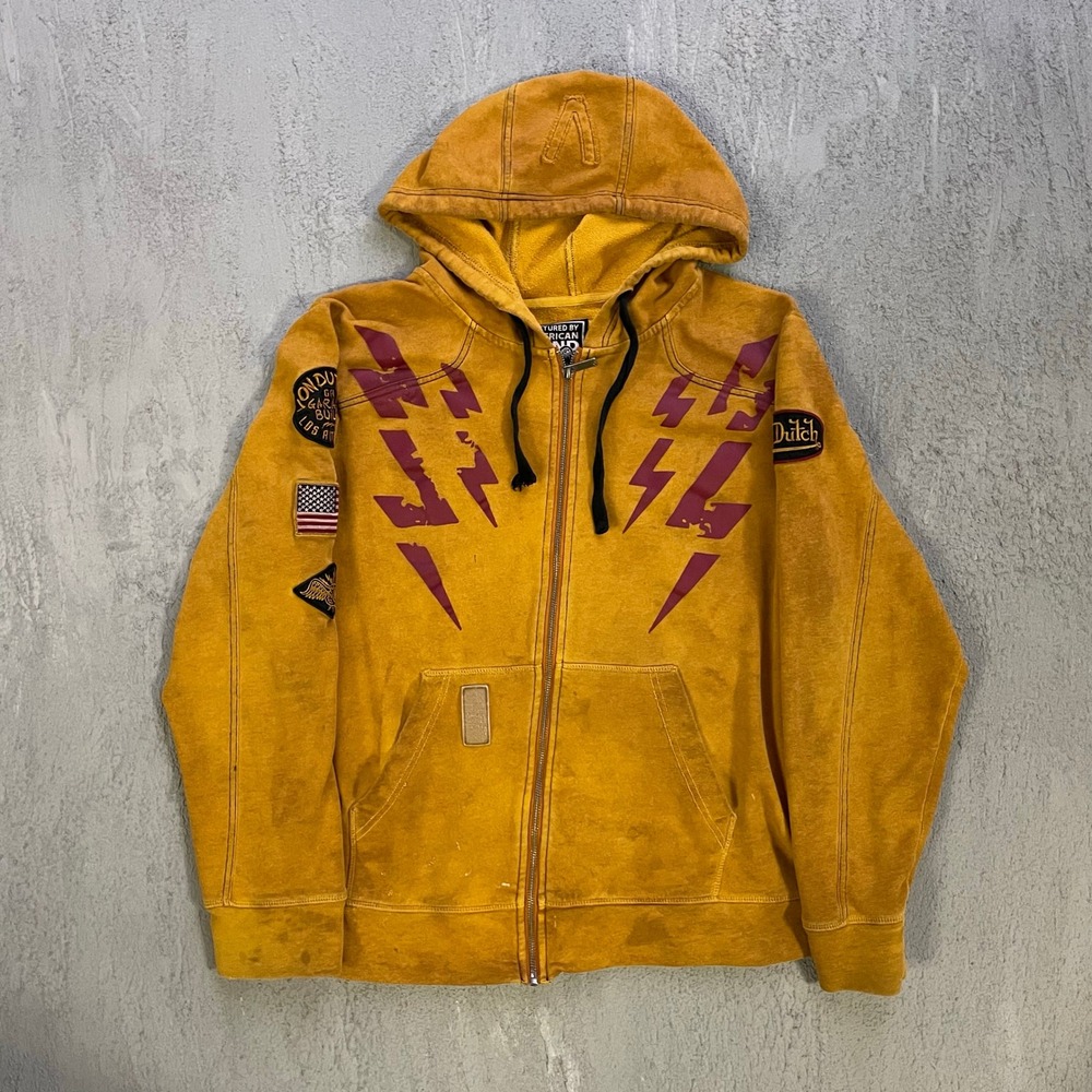 Vintage Graphic Patches Full Zip Hoodie Mens Large Yellow 2000s Von Dutch